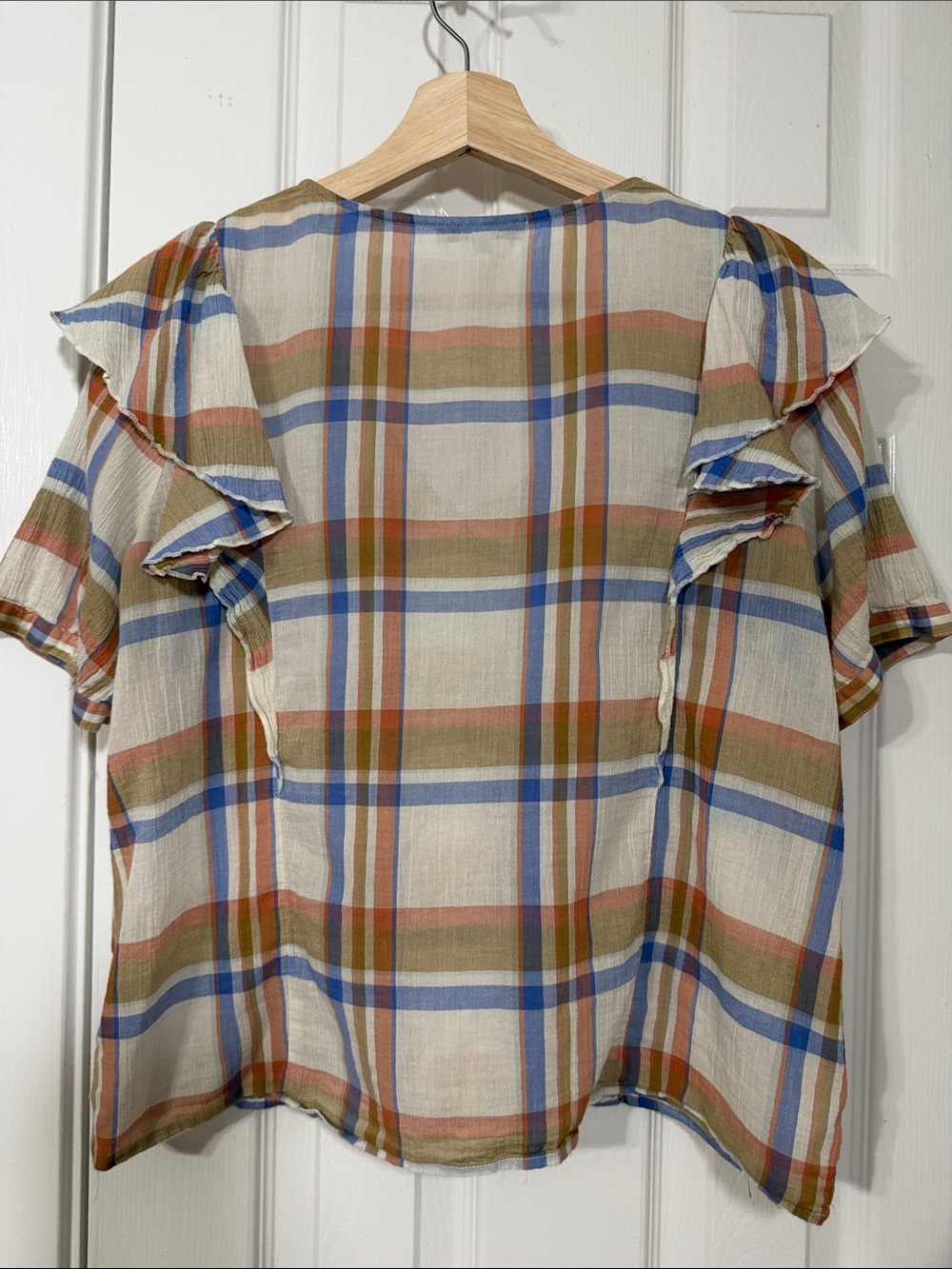 Madewell Plaid Flutter Sleeve V-Neck Blouse | Size Medium | 100% Cotton - Picture 5 of 5